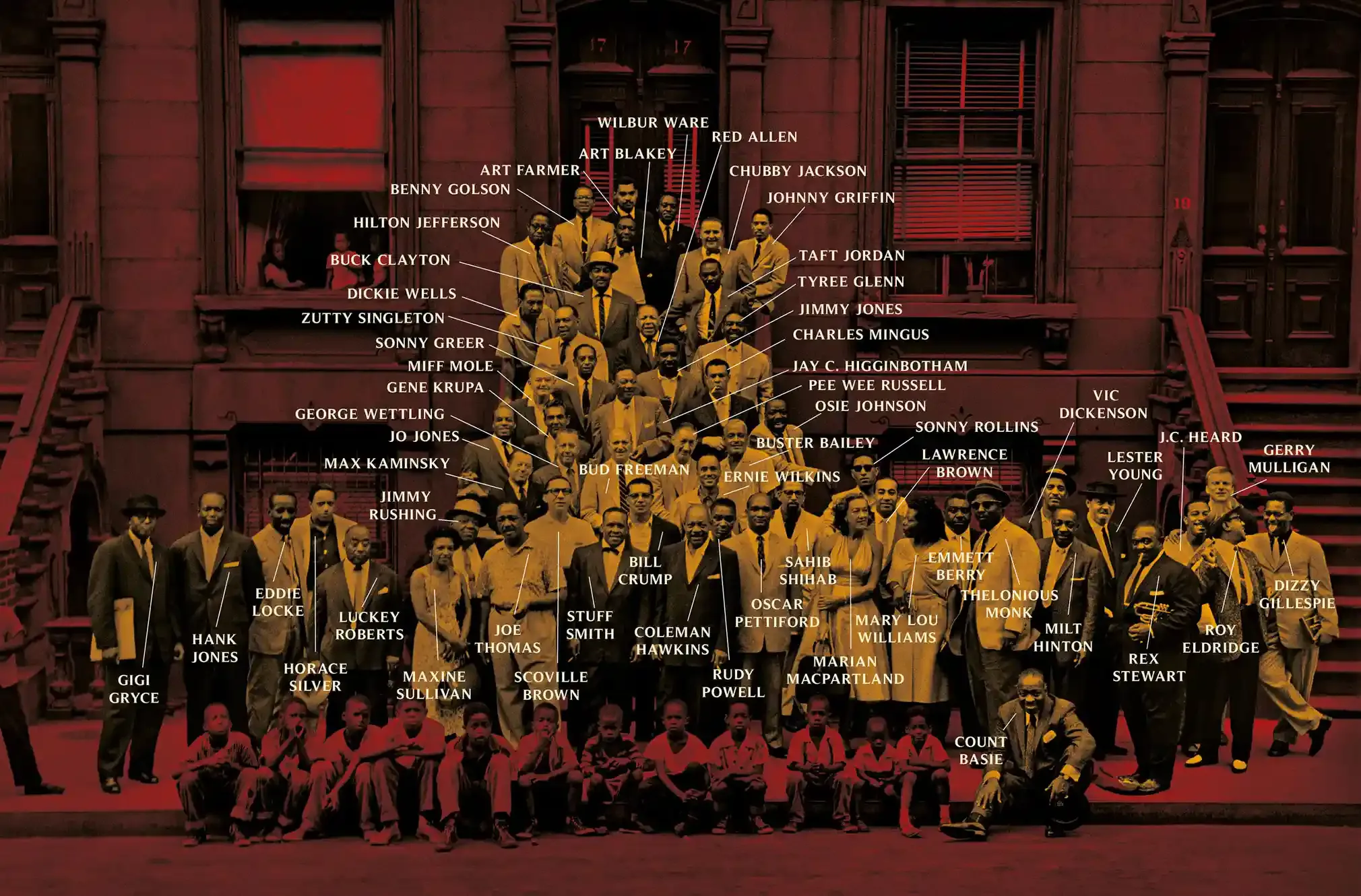 Four generations of jazz musicians, captured by Art Kane in 1958.